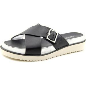 GUESS Women's Slip-on Deana Black, Sliver & White Leather Buckel Sandel Sz 9.5